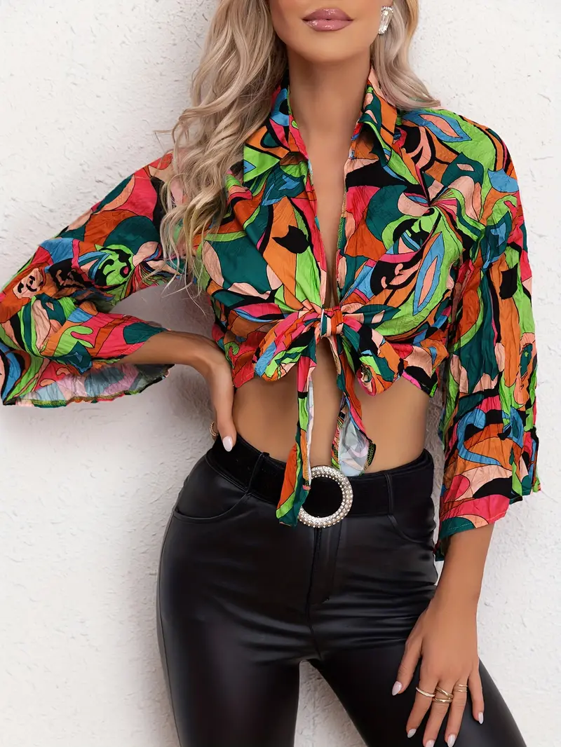Colorful Print Tie Front Crop T shirt Casual Long Sleeve Top - Temu