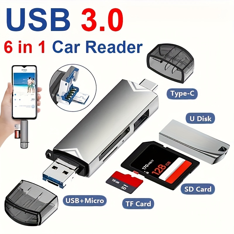 1Pc 6 in1 Universal SD/TF Card Computer Cell Phone SIM Card Readers 3.0 USB  Type-C Micro USB OTG Card Reader Backup For Android
