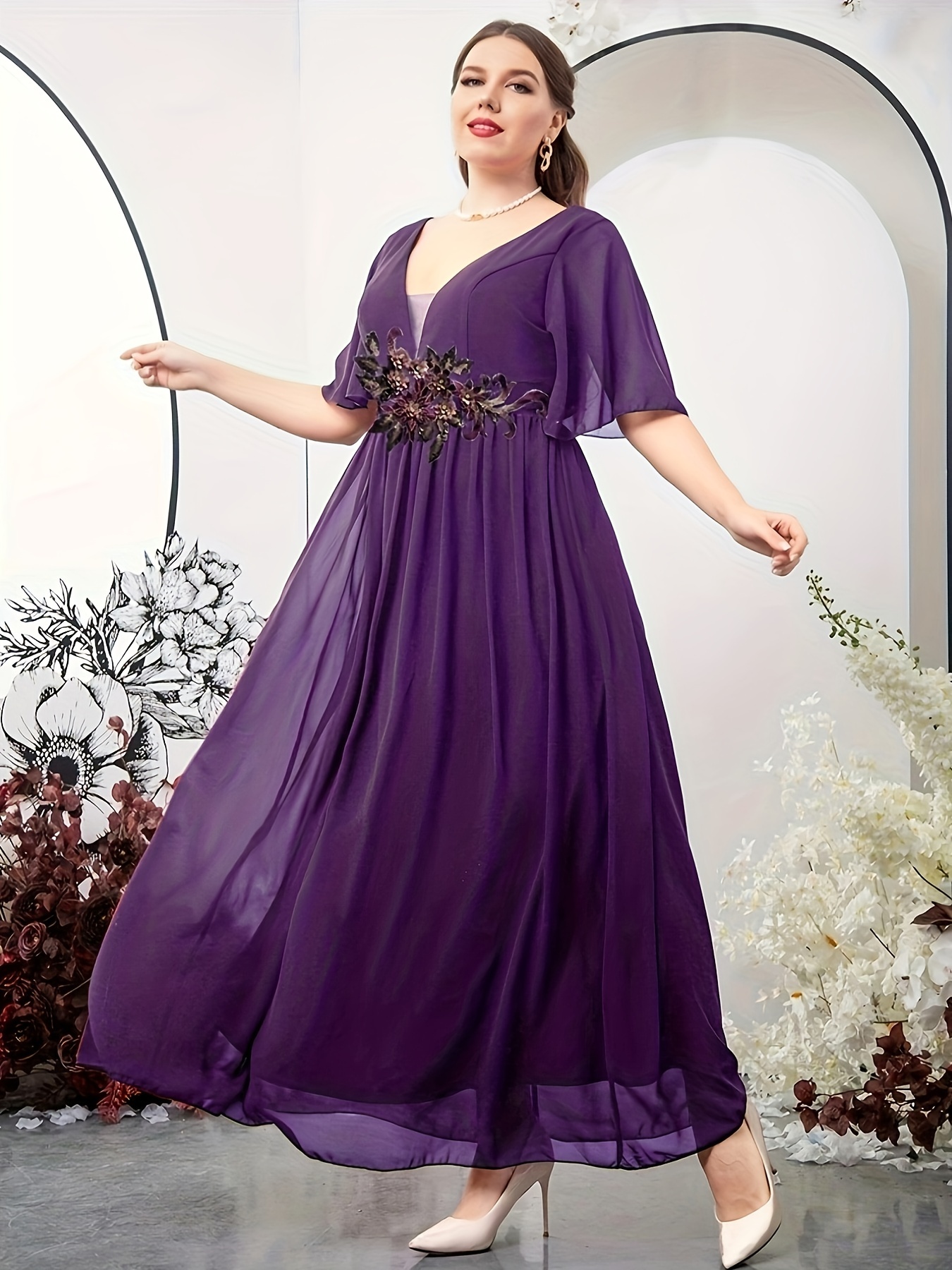 Plus Size Elegant Bridesmaid Dress Women's Plus Floral Print - Temu