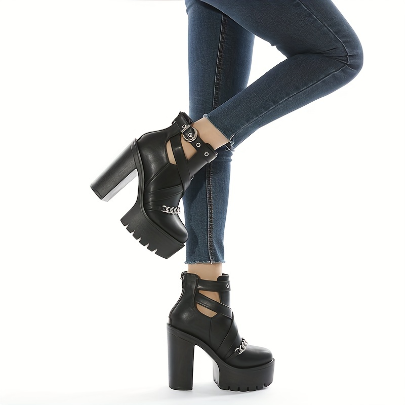 Lamoda Chunky Platform Heel Buckle Boots - Black | US 7