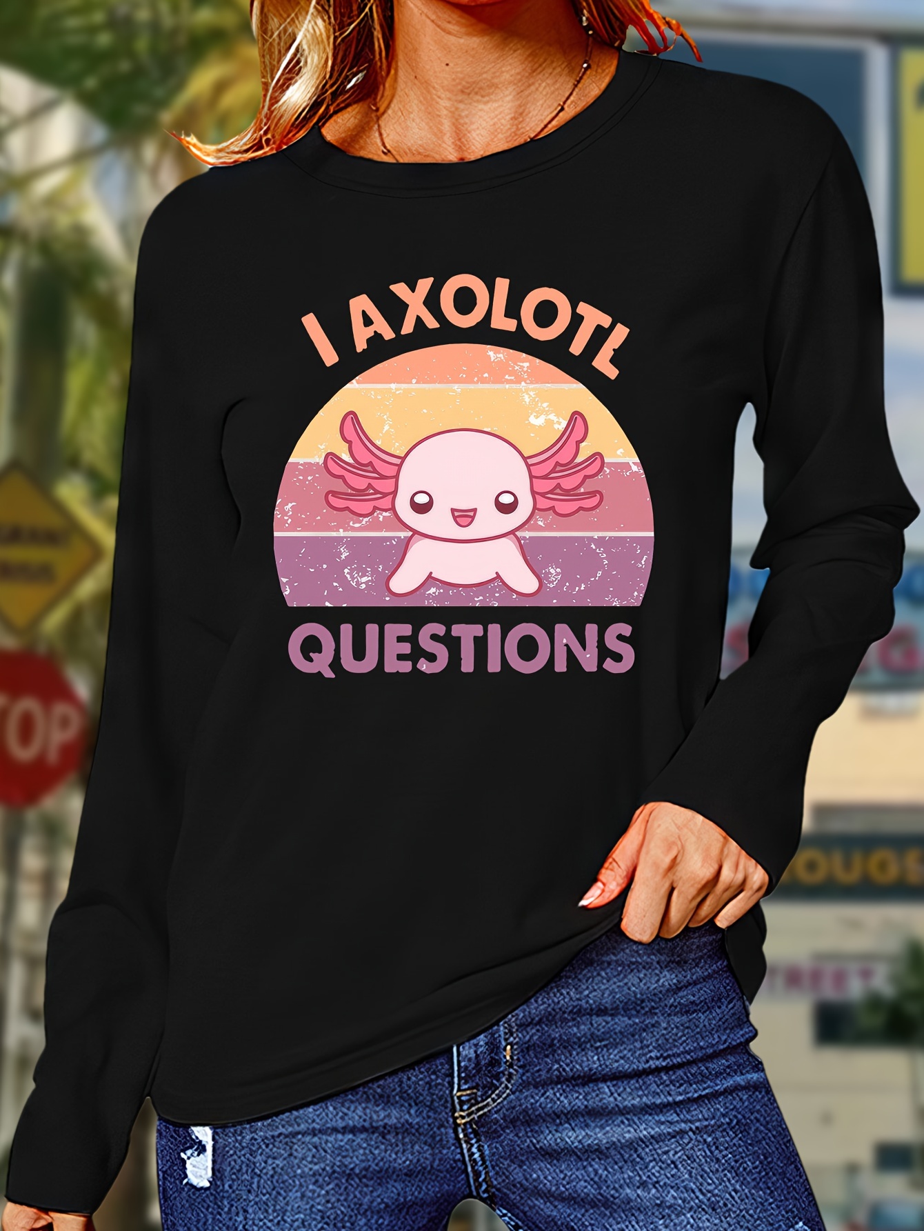 Camiseta de gola redonda com estampa de desenho animado Axolotl