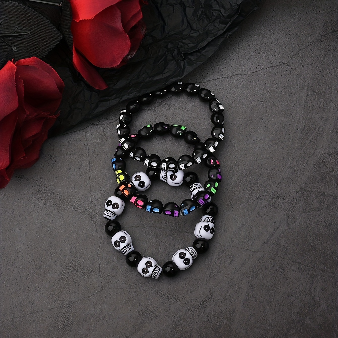 Women's Punk Style Skull Bead Bracelets 3pcs Elastic Stretch Wristbands