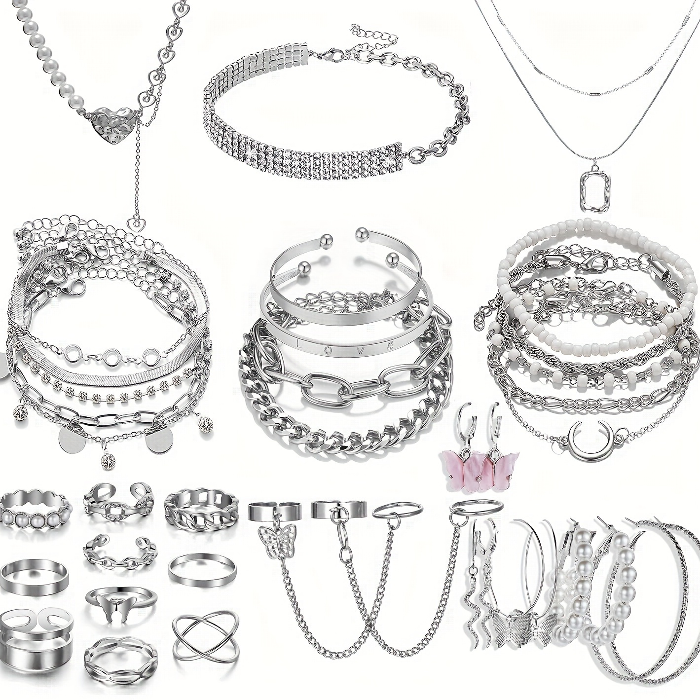 Jewelry Set Rhinestone Decor Necklace Bracelet Hook Earrings