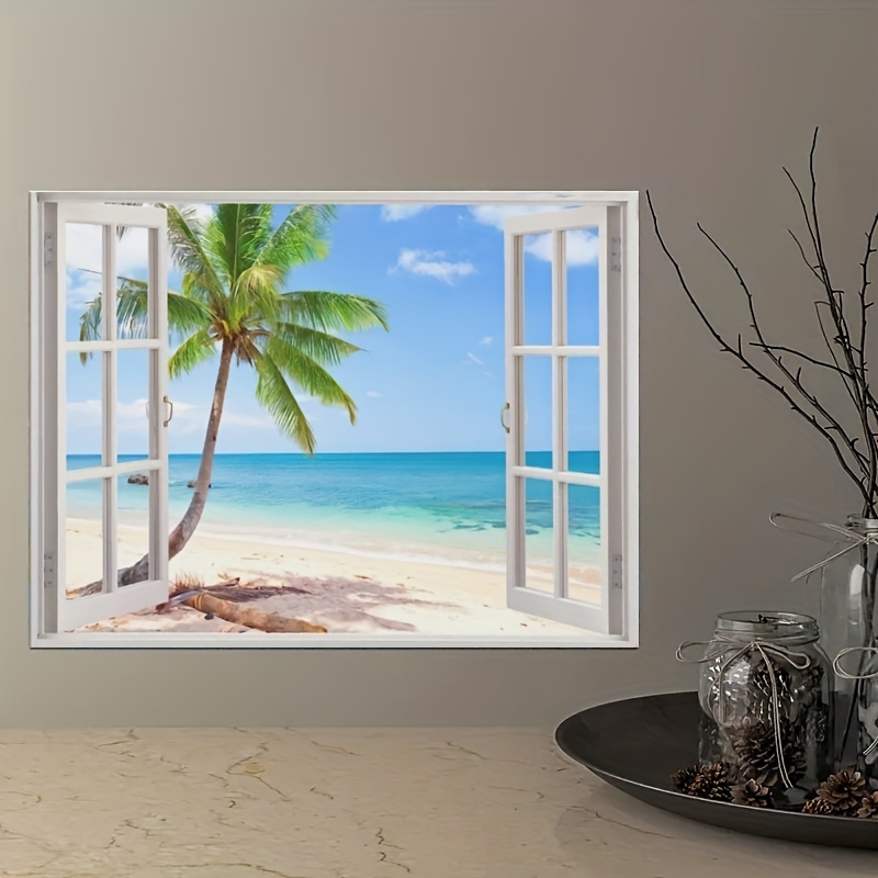 Beach Pictures Wall Art Decor for Living Room Blue Ocean Painting Decor for  Bedroom White Window Frame Style Palm Trees Canvas Wall Decor Blue Coastal  Landscape Artwork for Bathroom Home Office Decoration