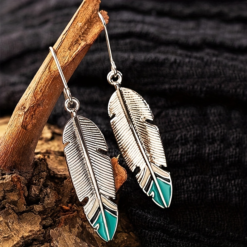 Women's Long Vintage Earrings with Leaf and Feather Design