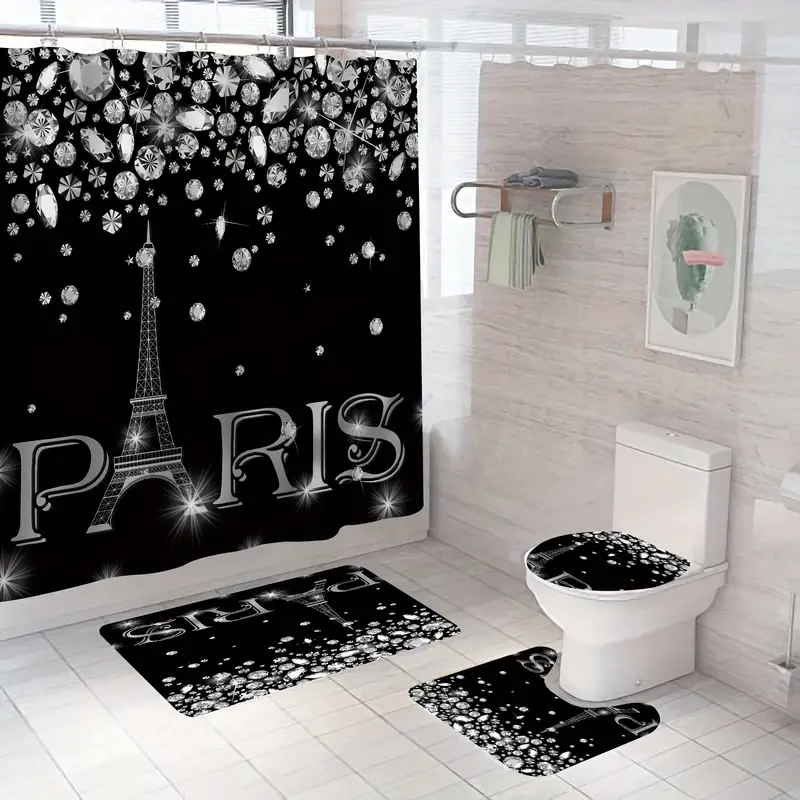 Black Sparkly Diamond Shower Curtain Set Eiffel Tower Temu