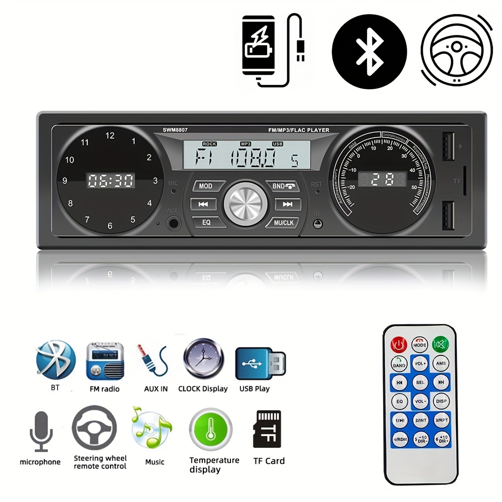 Radio estéreo para coche Reproductor de MP3 para coche de 12 V Llamada  manos libres Radio digital compatible con Bluetooth Pantalla LCD