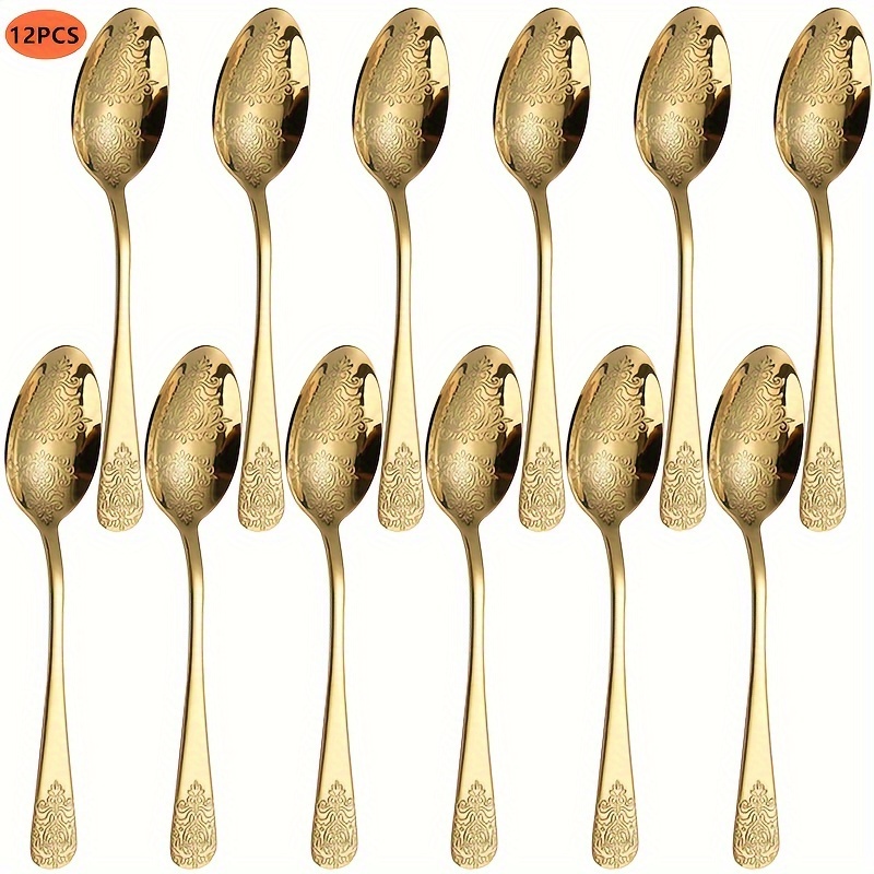 

12pcs Stainless Steel Dessert Spoons Set For Restaurant, Patterned Embossed Tea Spoons, Dessert Spoons, Mixing Spoons Set, Restaurant Spoons, Mirror Polished And Dishwasher Safe