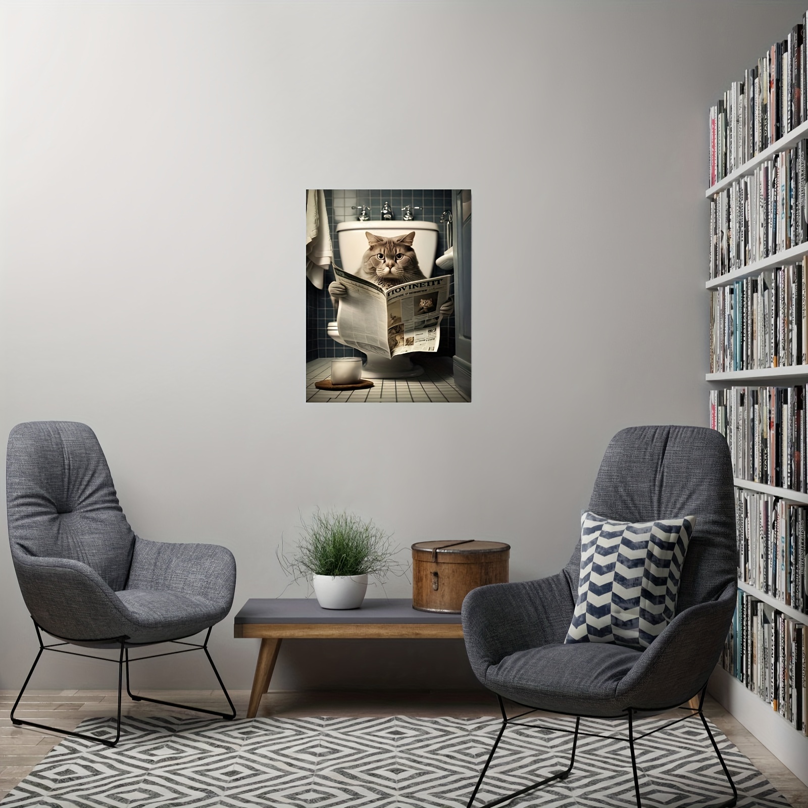 Canvas Poster Vintage Art Cat Sitting On The Toilet Reading - Temu