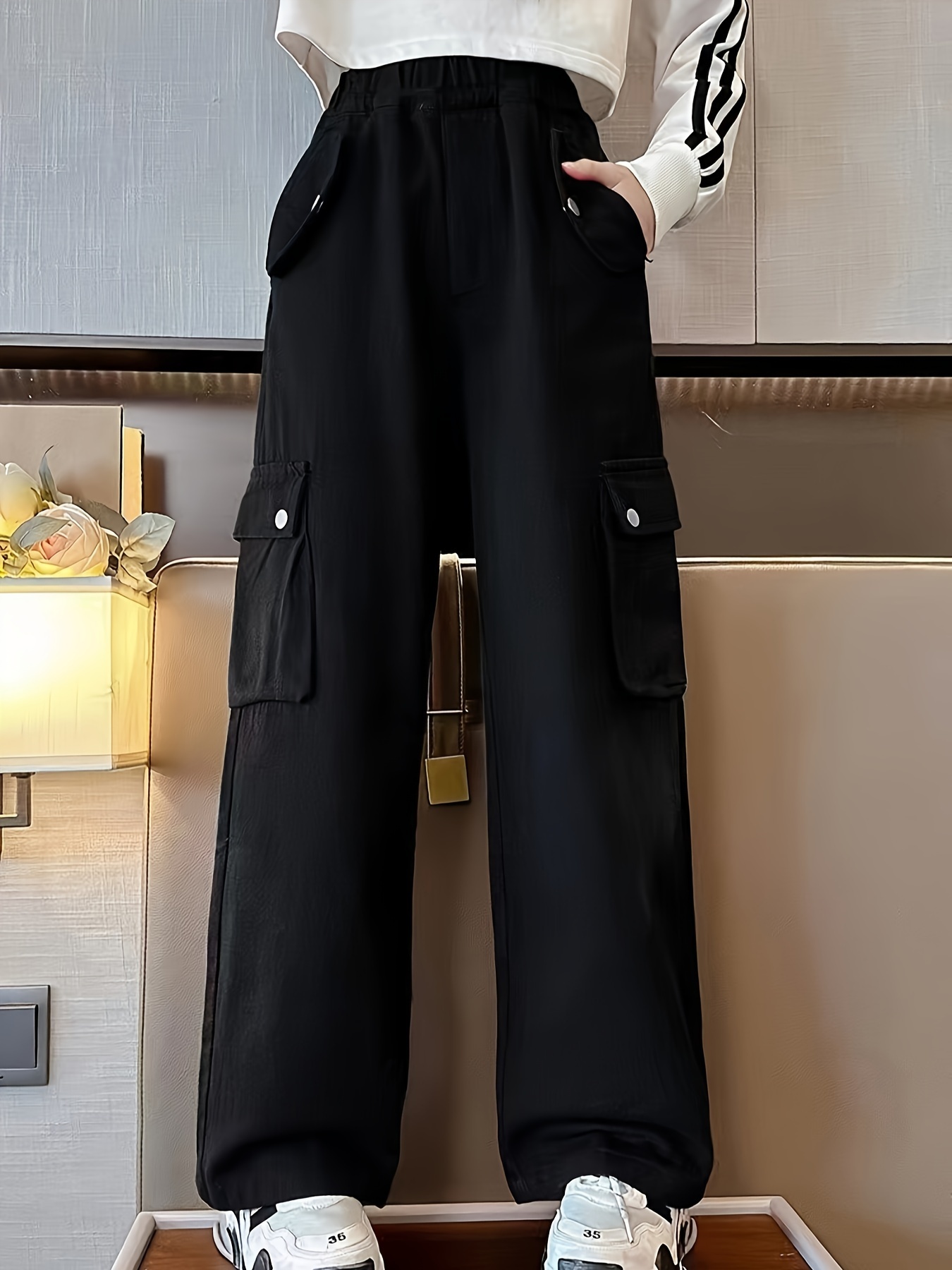 Girls Black Jeans Multi Pockets Street Style Cargo Pants - Temu