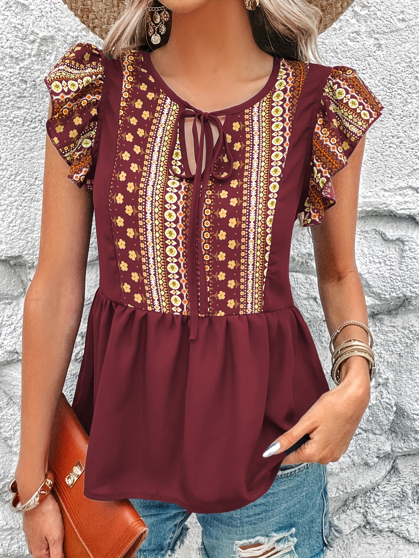 Tribal Print V-neck Loose Blouses, Casual Lace Up Ruffle Flying