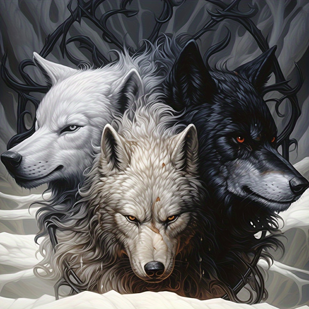 5d Diamond Painting Black And White Wolf And Dream Catcher Full