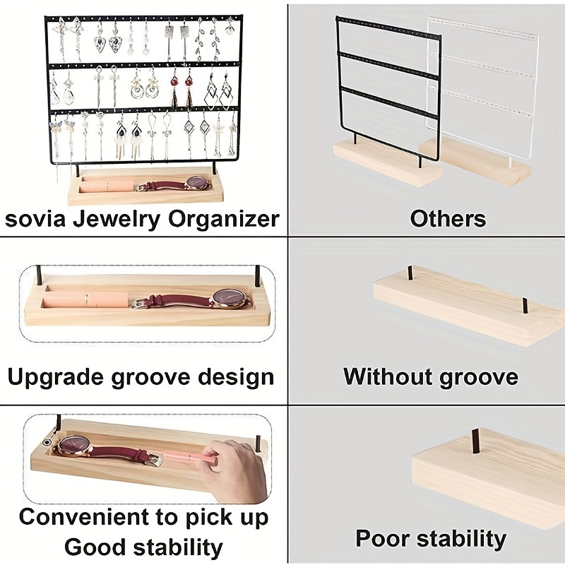 1pc Metal 3-Tier Earrings Organizer Jewelry Display Stand With  Multifunction Wooden Base