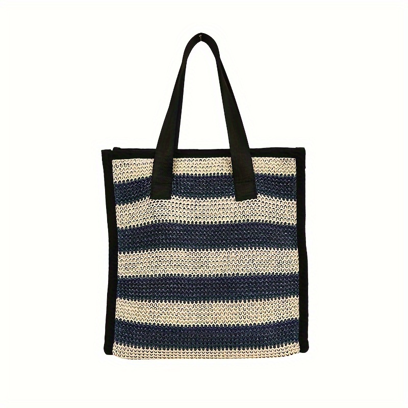 Trendy Striped Woven Tote Bag, Casual Portable Square Handbag