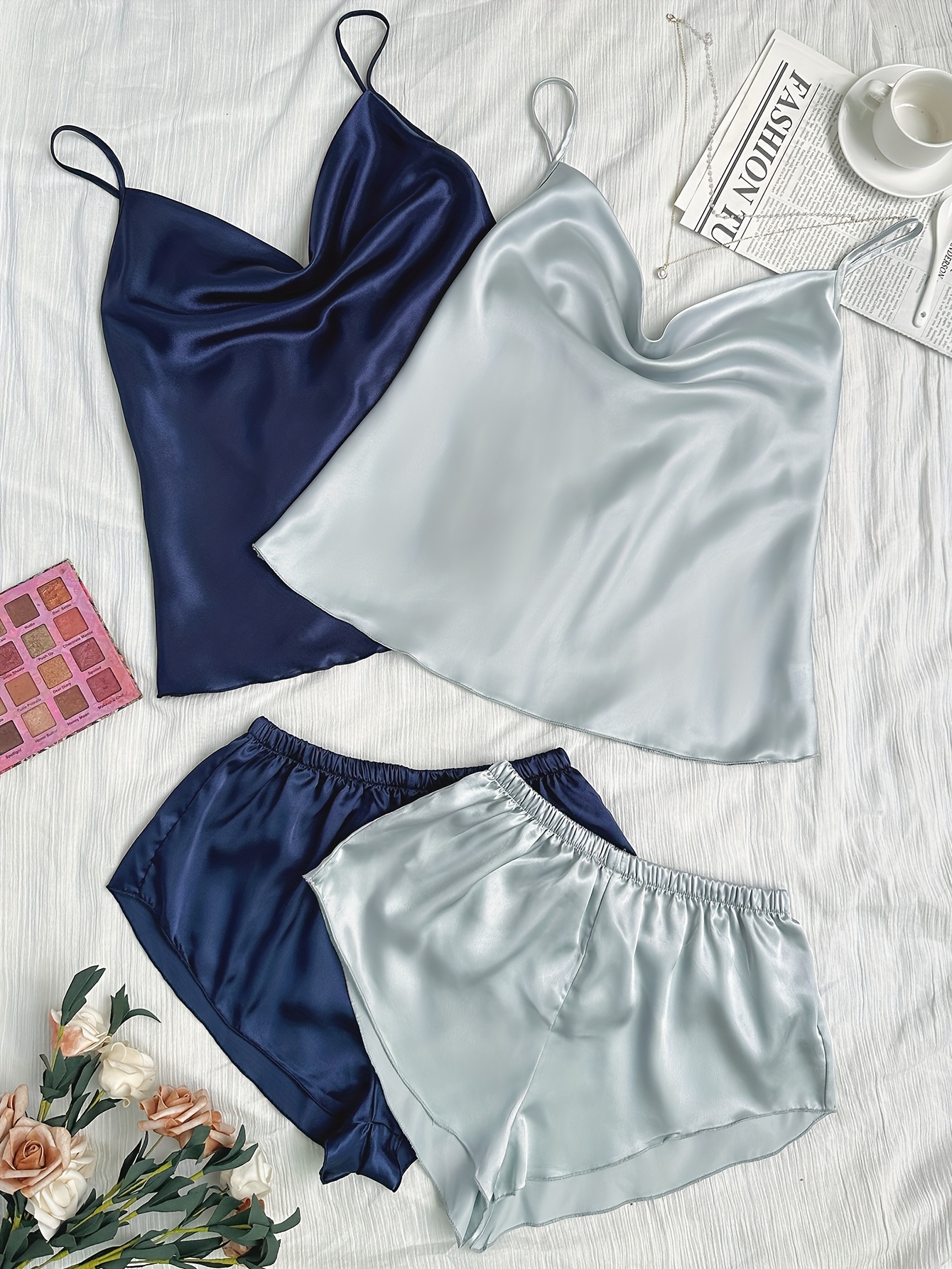 Solid Satin Pajama Set, V Neck Cami Top & Elastic Waistband Shorts, Women's  Sleepwear & Loungewear