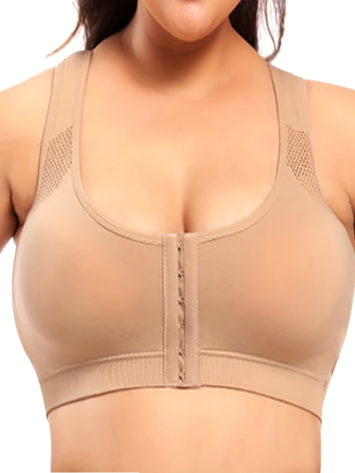 Women's Comfort Post-Surgery Front Closure Brassiere Sports Bra with  Built-in Thin Cotton Padded Bra (34BC, Beige) at  Women's Clothing  store