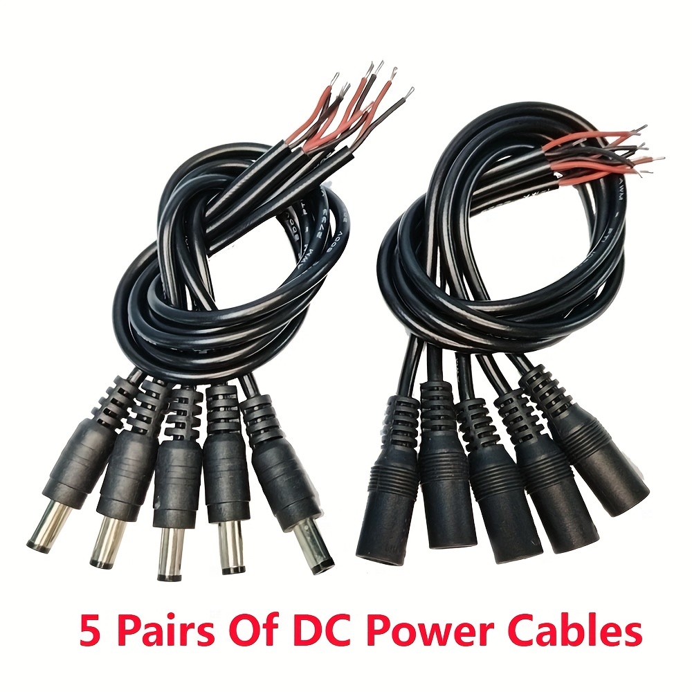 

5 Pairs Of 12v 5.5x2.1mm Male And Female Power Socket Jack Connector Cable Plug Wire Diy Creative Line Black