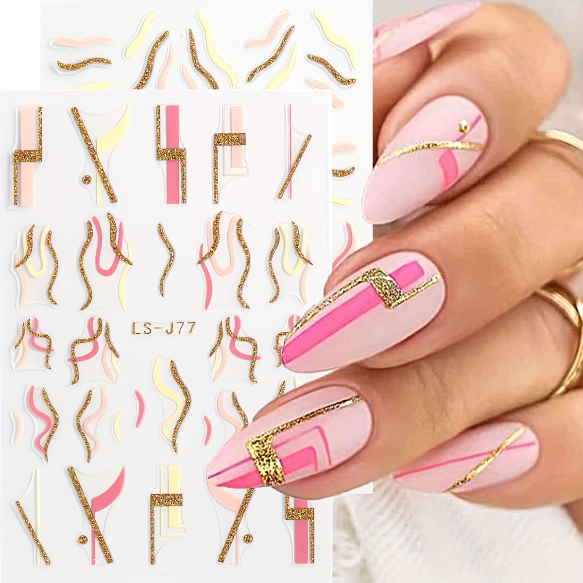 

2 Sheets Golden Glitter French Lines Nail Stickers - Curve Wave Swirls, Pink Stripes, And Sliders - Art Manicure Decoration For A Chic And Elegant Look