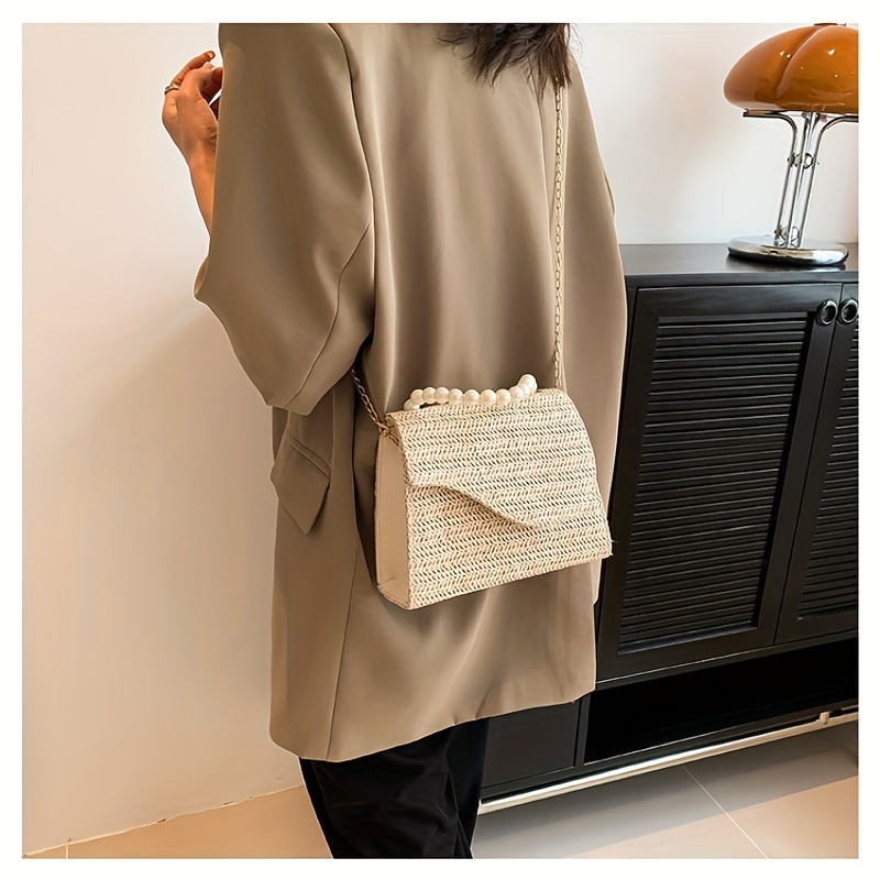 Straw Crossbody Bag Pearl Flap Shoulder Handbag