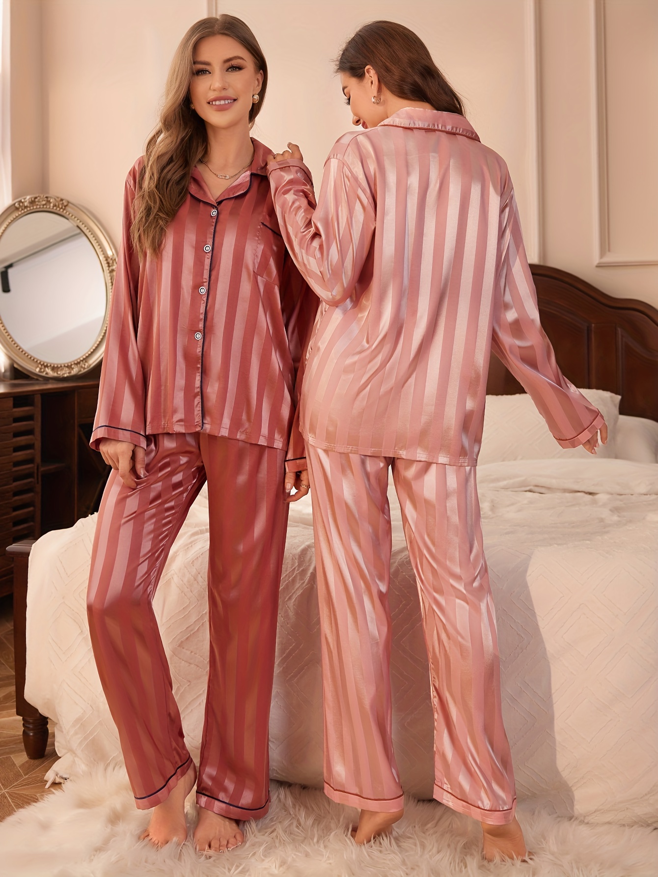 Striped Satin Pajama Set Long Sleeve Buttons Top Lounge - Temu Canada