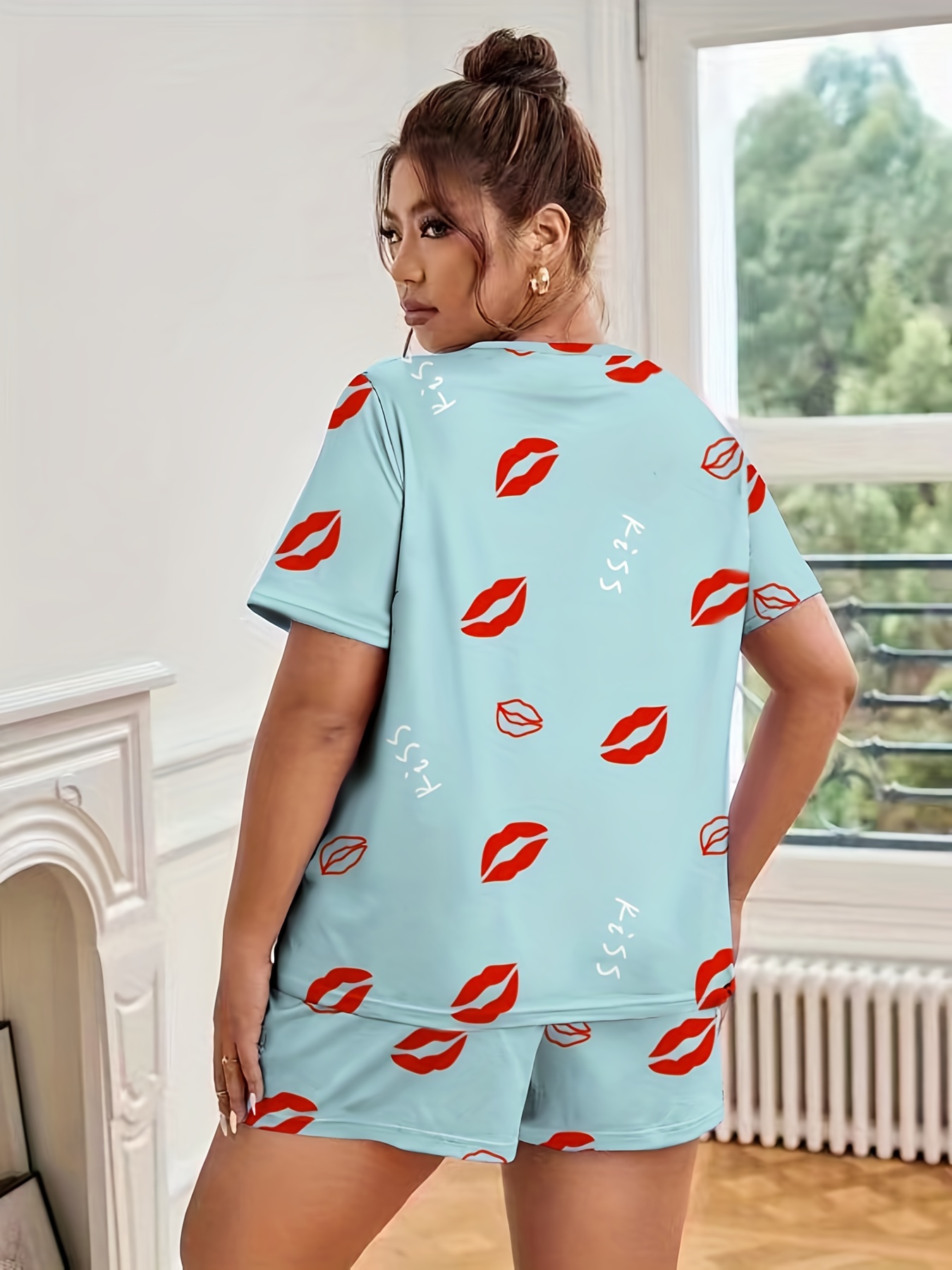 Plus Size Cute Pajamas Set Women's Plus Kiss Lips Print - Temu