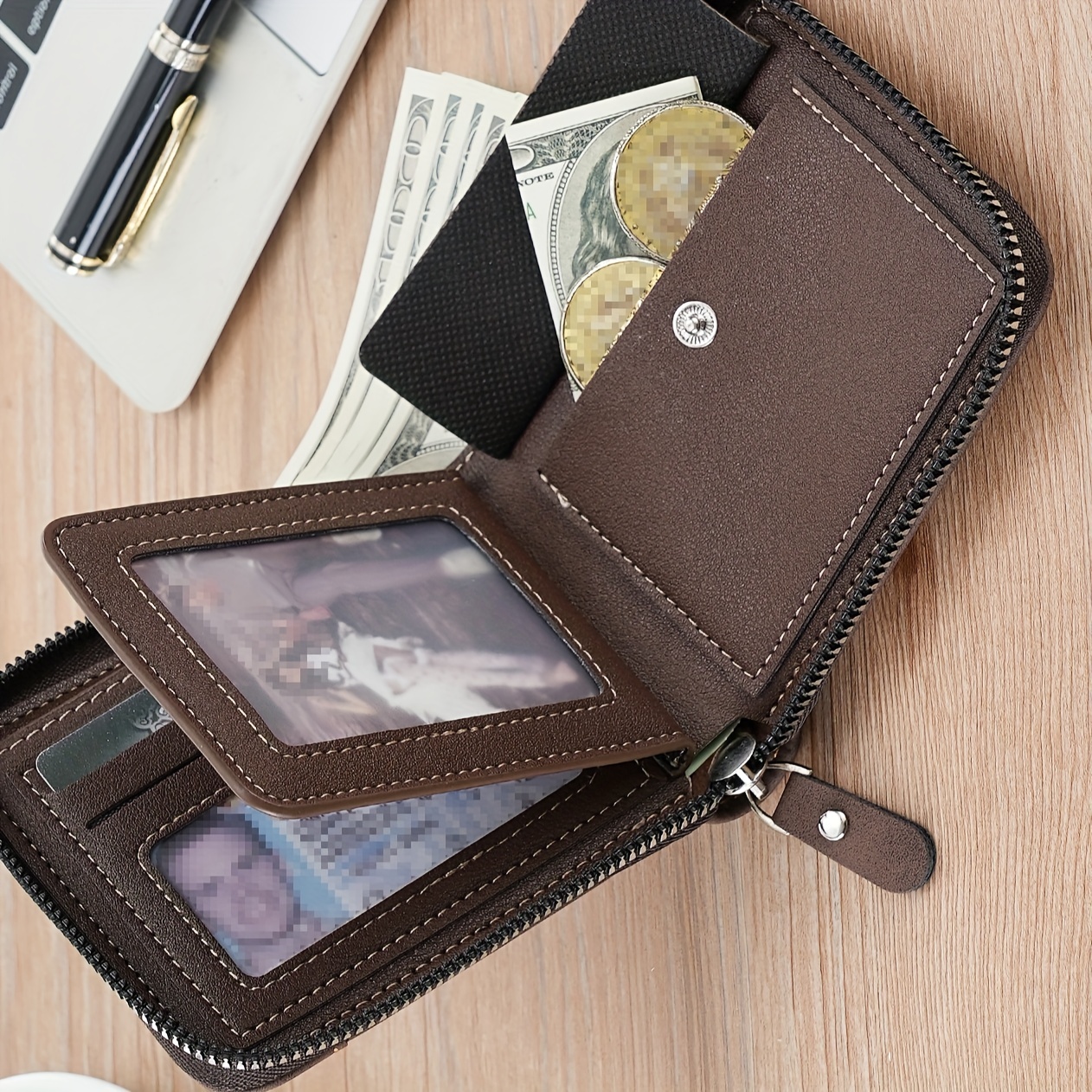 Men's Leather Short Wallet Money Clip Multi-Card Card Holder Horizontal Wallet with Zipper Coin Pocket Gift for Men, Christmas Styling & Gift,Temu