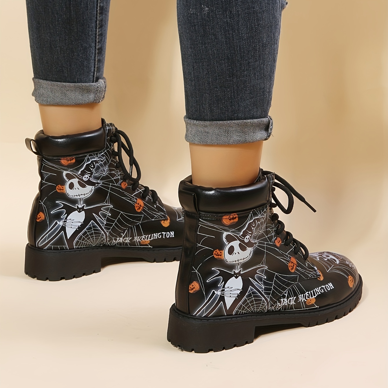 Women's Fashion Halloween Mid-calf Boots, Skeleton & Pumpkin Pattern  Non-slip Sports Outdoor Boots - Temu