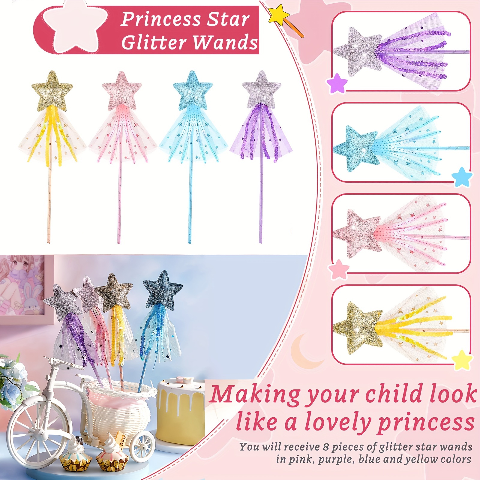 Liuer 4PCS Baguette Magique Fille,Baguette de Fée,Baguette de Princesse, Baguette étoile,Baguette Magique Lumineuse pour Anniversaire, Halloween,  fête de Noël, pour Fête Cosplay Jouet Jeu de Rôle : : Jeux et  Jouets