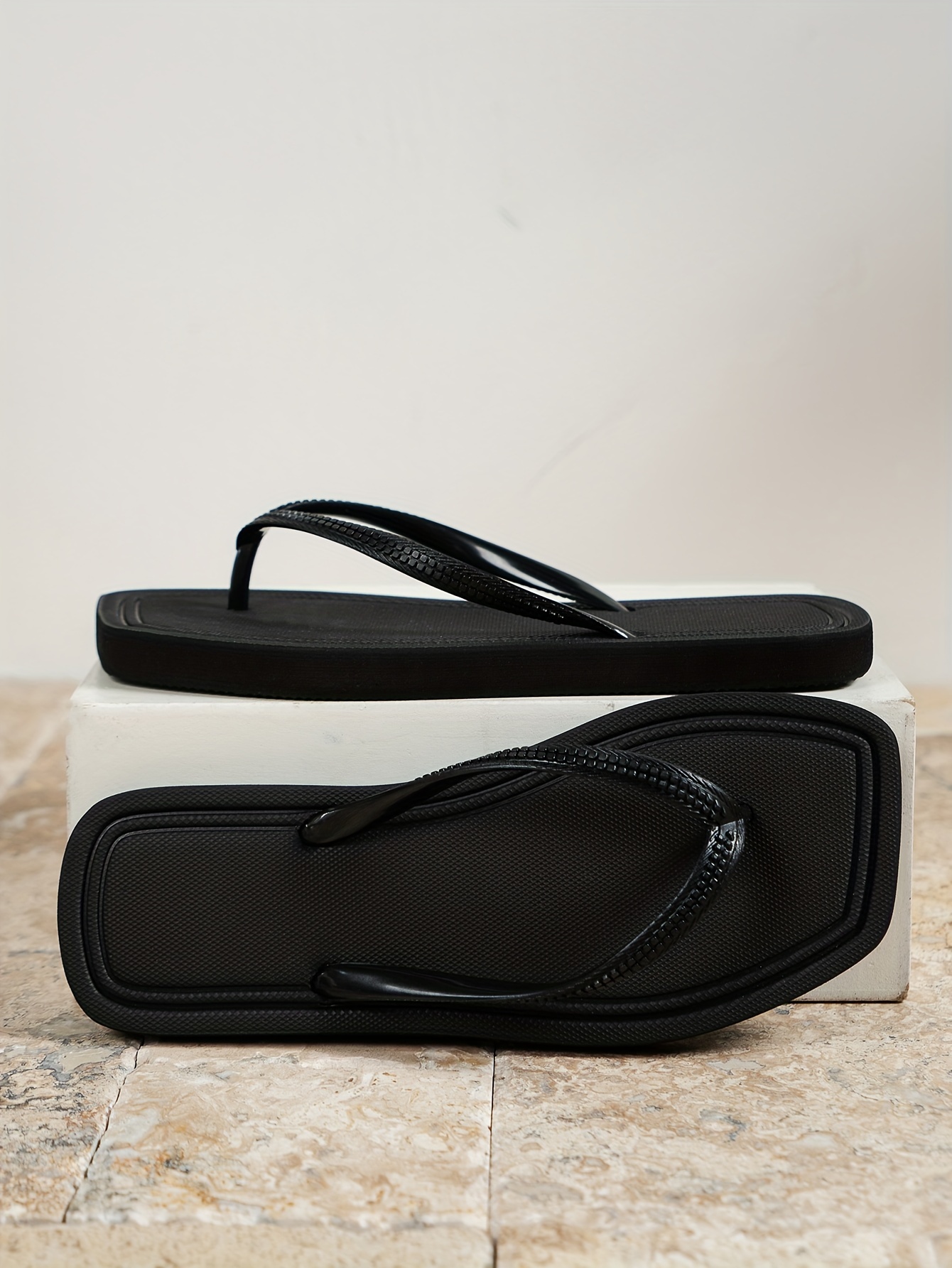 Women'S Summer Fashion Flip-Flops - Comfortable, Durable EVA Material, Flat Heel, Slip-On Thong Sandals for Beach & Casual Wear, Black with White Stripe, Ladies Sandals