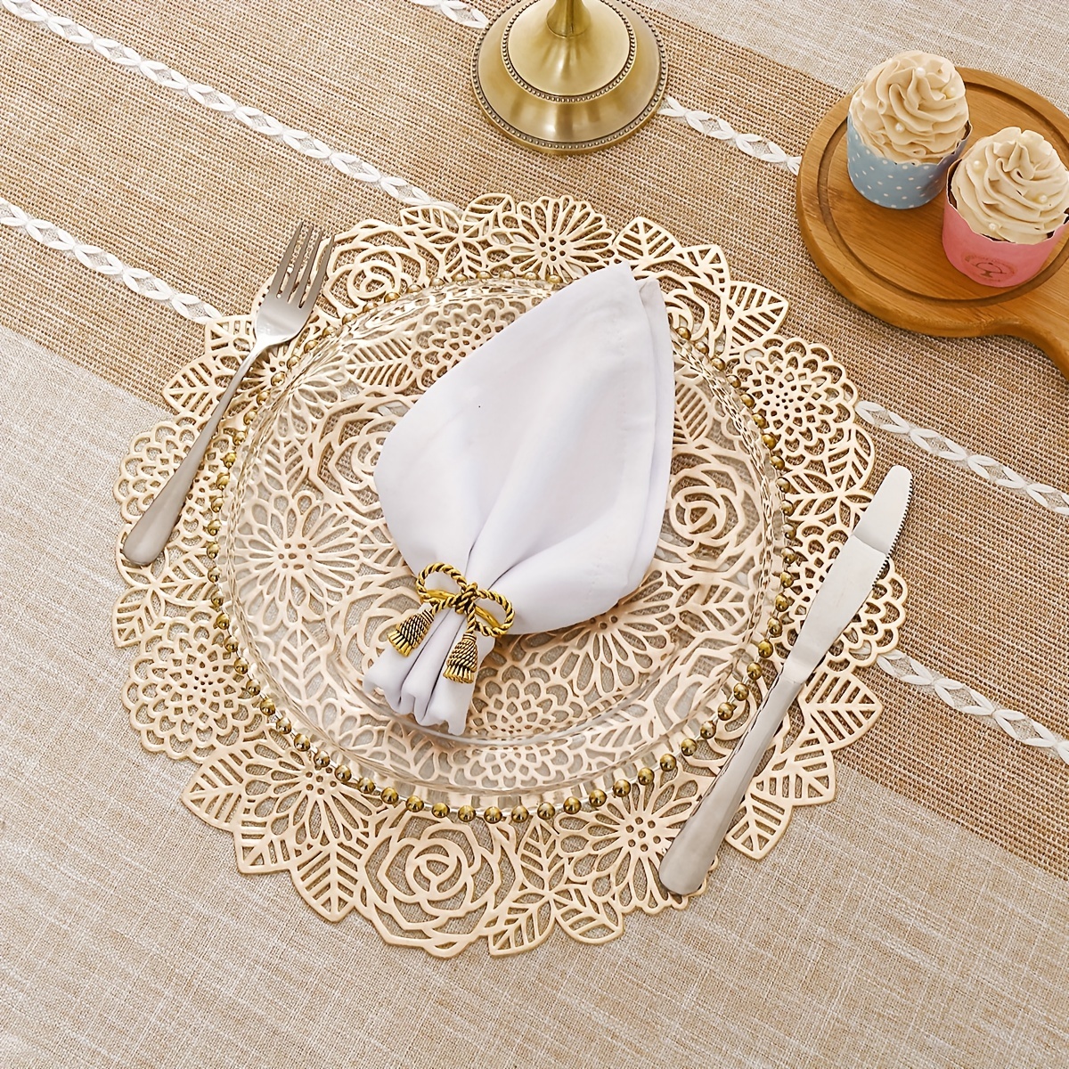 Manteles individuales redondos dorados para mesa de comedor