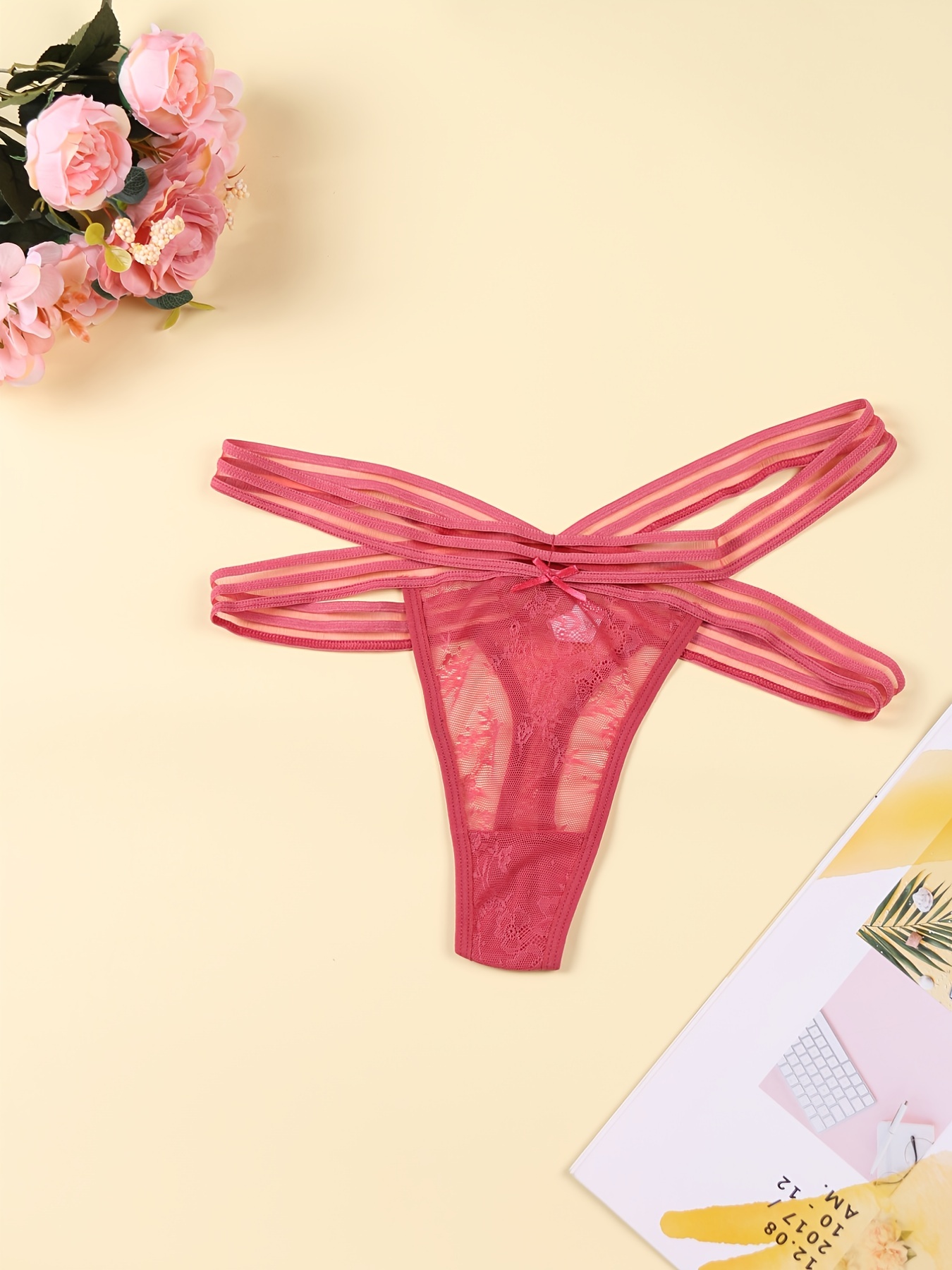 Strappy Lace Thong Panties, Floral Print Semi-Sheer High Waist Criss Cross  Panties, Women's Lingerie & Underwear