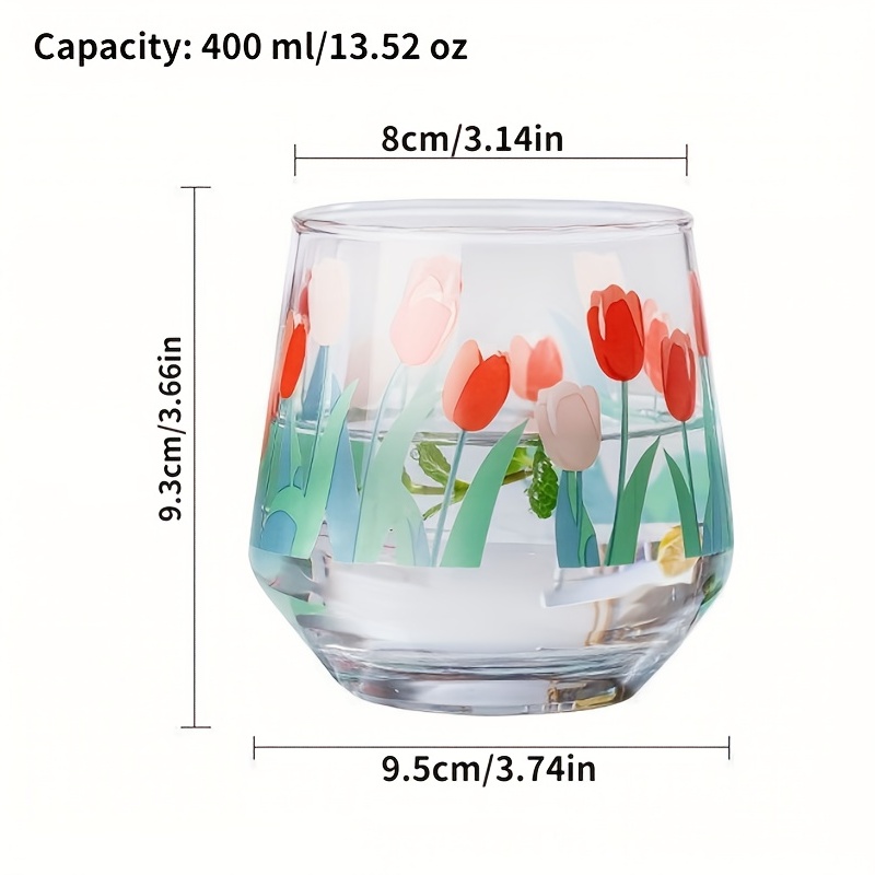 Tulip Pattern Glass Coffee Mug With Spoon, High Borosilicate Glass