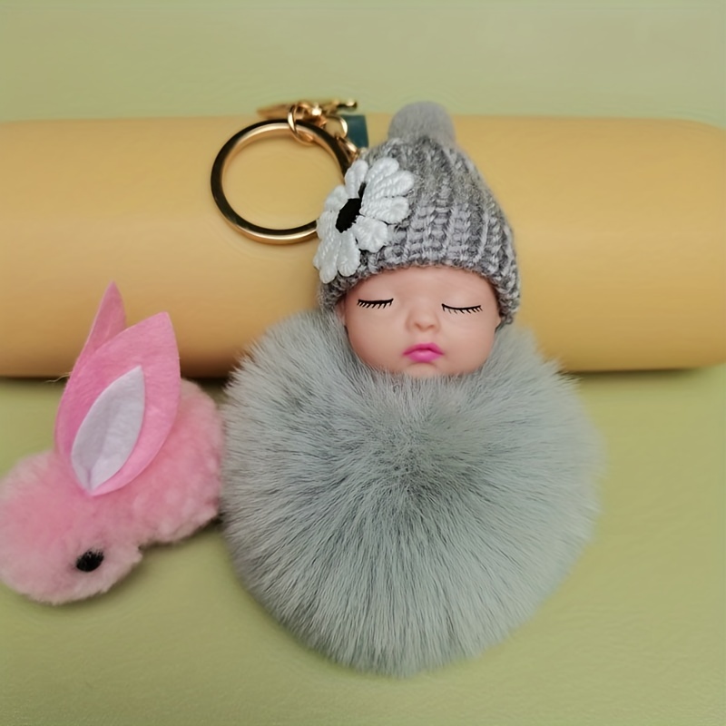 3color Cute Sleeping Baby Doll Cartoon Jewelry Keychain Pompom Fur Ball Key  Chains Car Keyring Women Key Holder Bag Pendant Charm Accessories