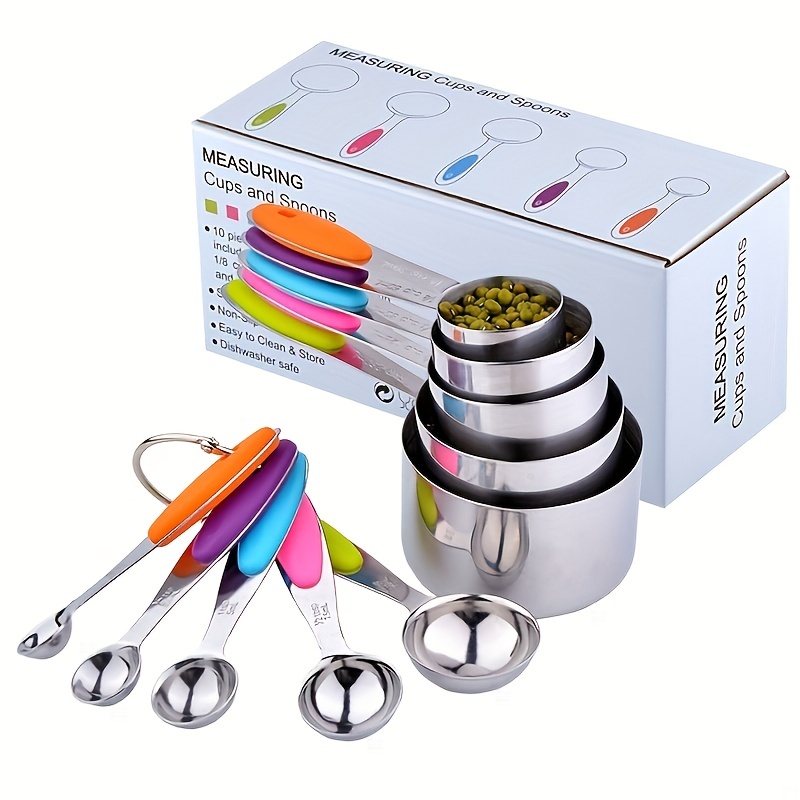 10-Piece Stainless Steel with Silicone Measuring Cups and Spoons Set