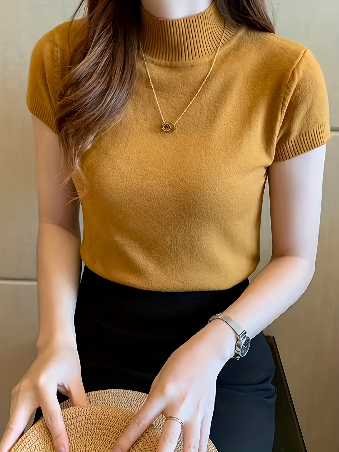 New Style Knitted Versatile Design Half-High Collar Short Sleeve Thin Pullover