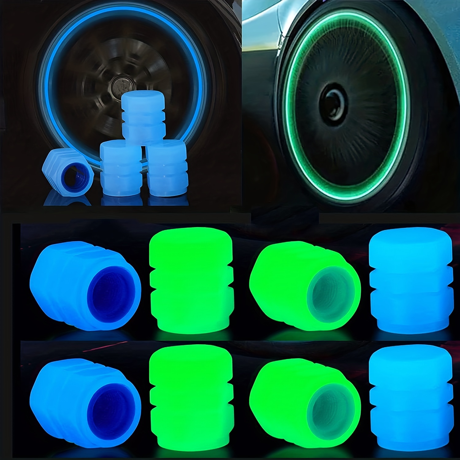 4Pcs Glow In Dark Green Car Tire Valve Stem Caps Cover Luminous