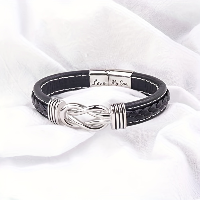Mother and Son Forever Linked Together Braided Leather Bracelet, Men Stainless Steel Interlocking Inspirational Wristband, Son Graduation Birthday