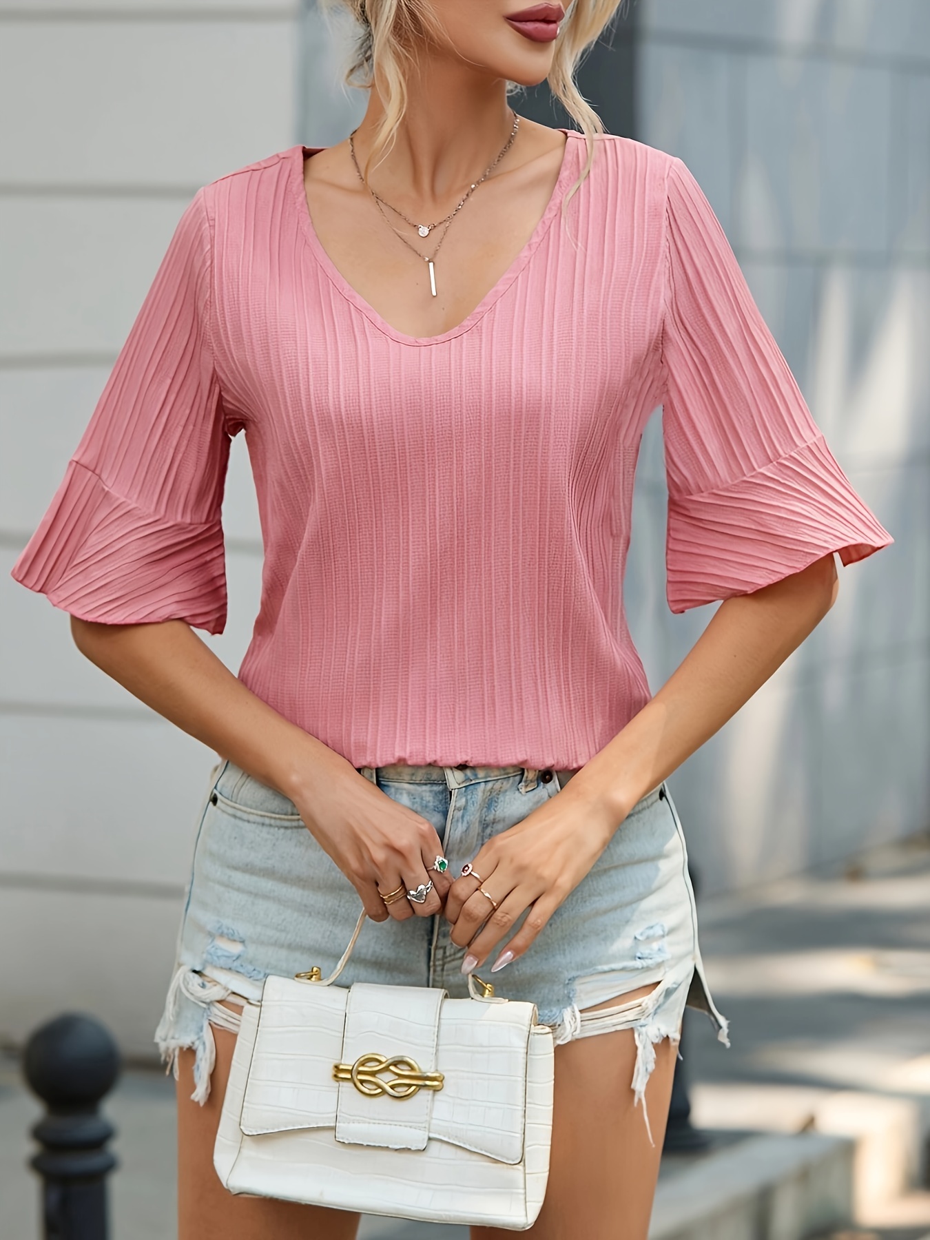 Solid V Neck Blouse, Casual Bell Sleeve Blouse For Spring & Summer, Women's  Clothing