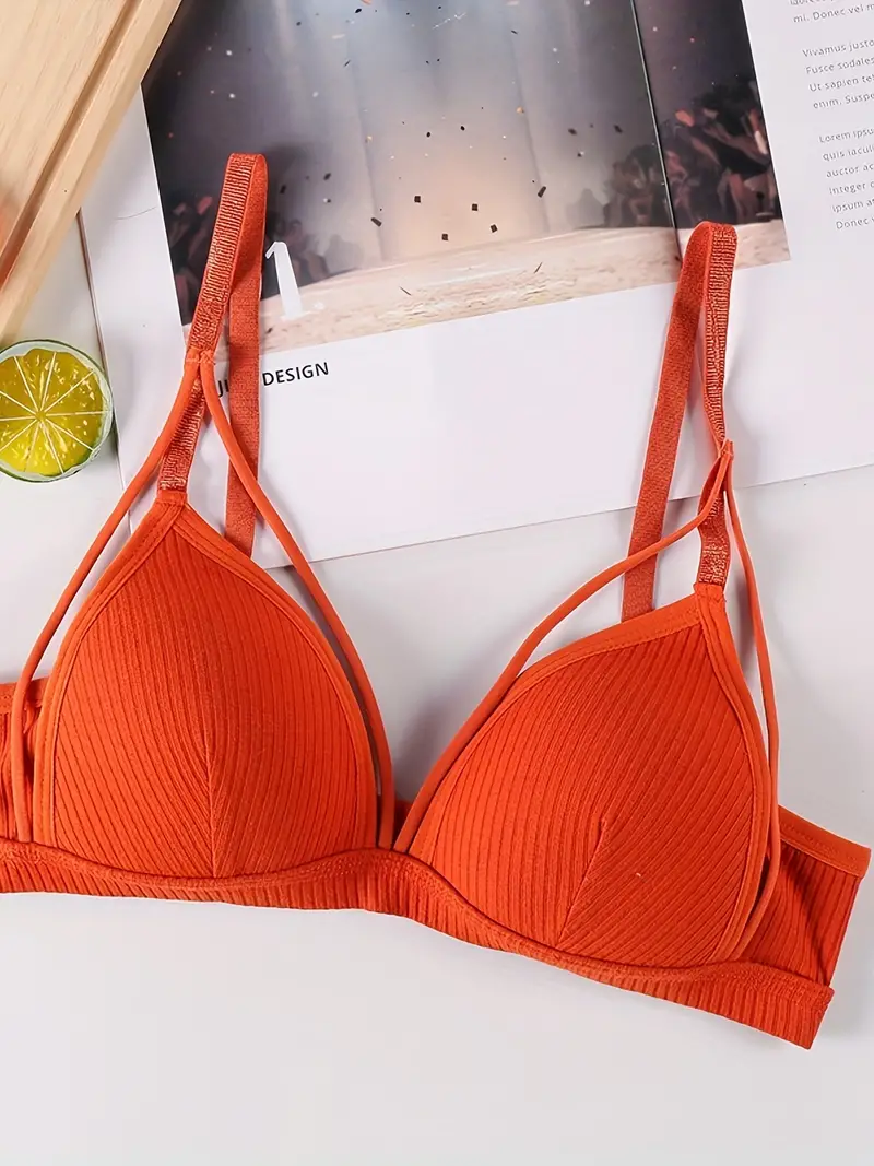 Solid Ribbed Wireless Bra Sexy Triangle Cup Hollow - Temu