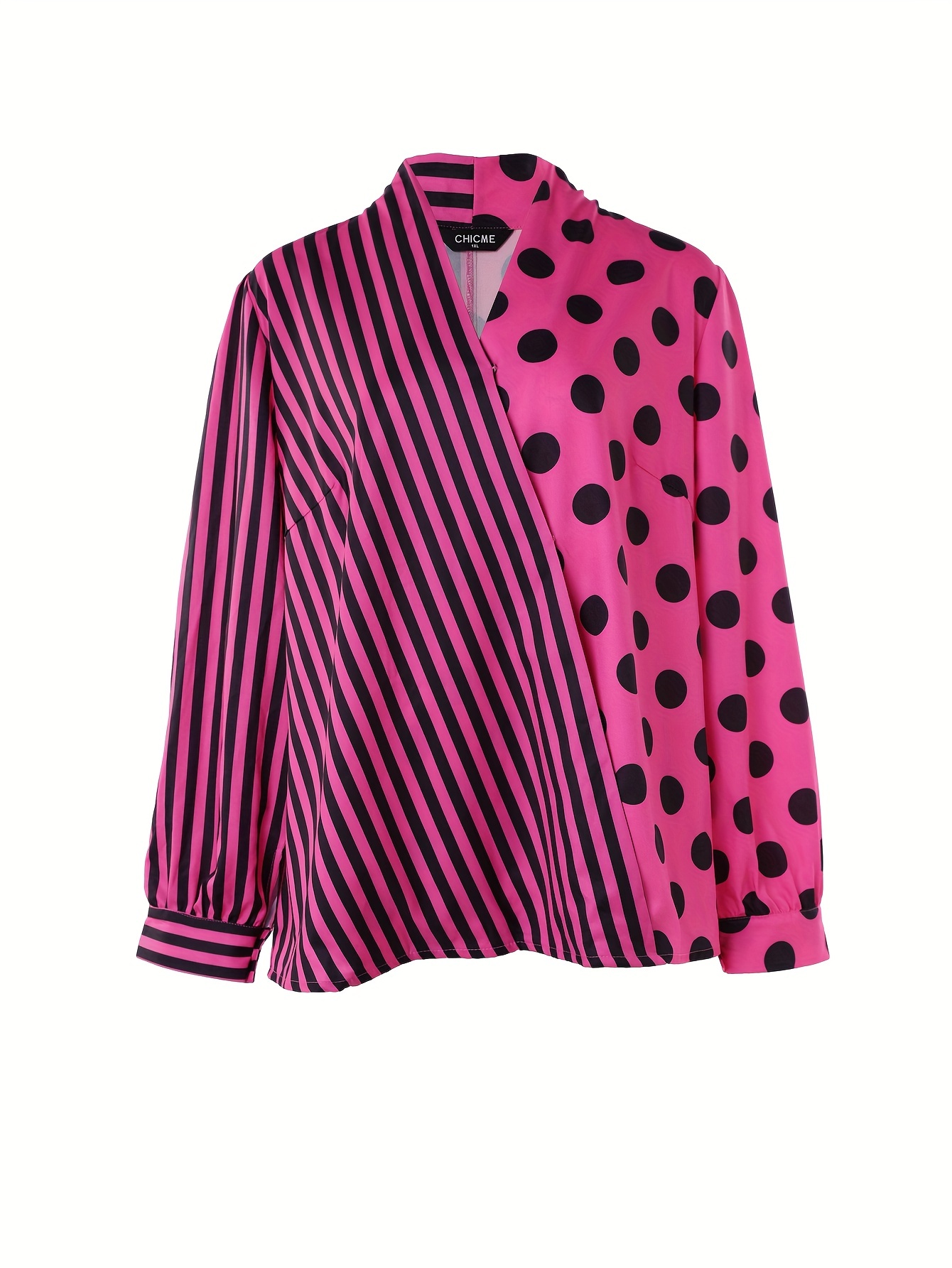 Plus Size Colorblock Striped Polka Dot Print Shirt, Women's Plus Slight  Stretch Casual Shirt Blouse - Temu