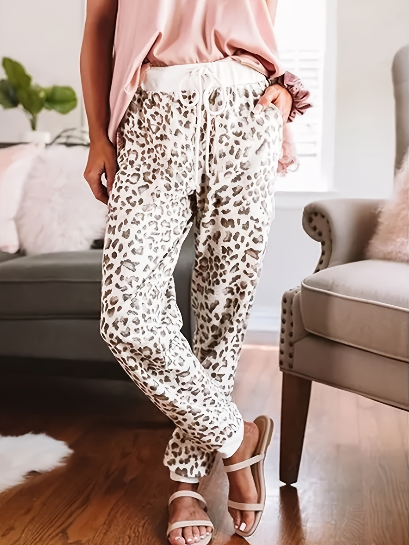 Leopard Print Fuzzy Lounge Pants Casual Soft Elastic - Temu Canada