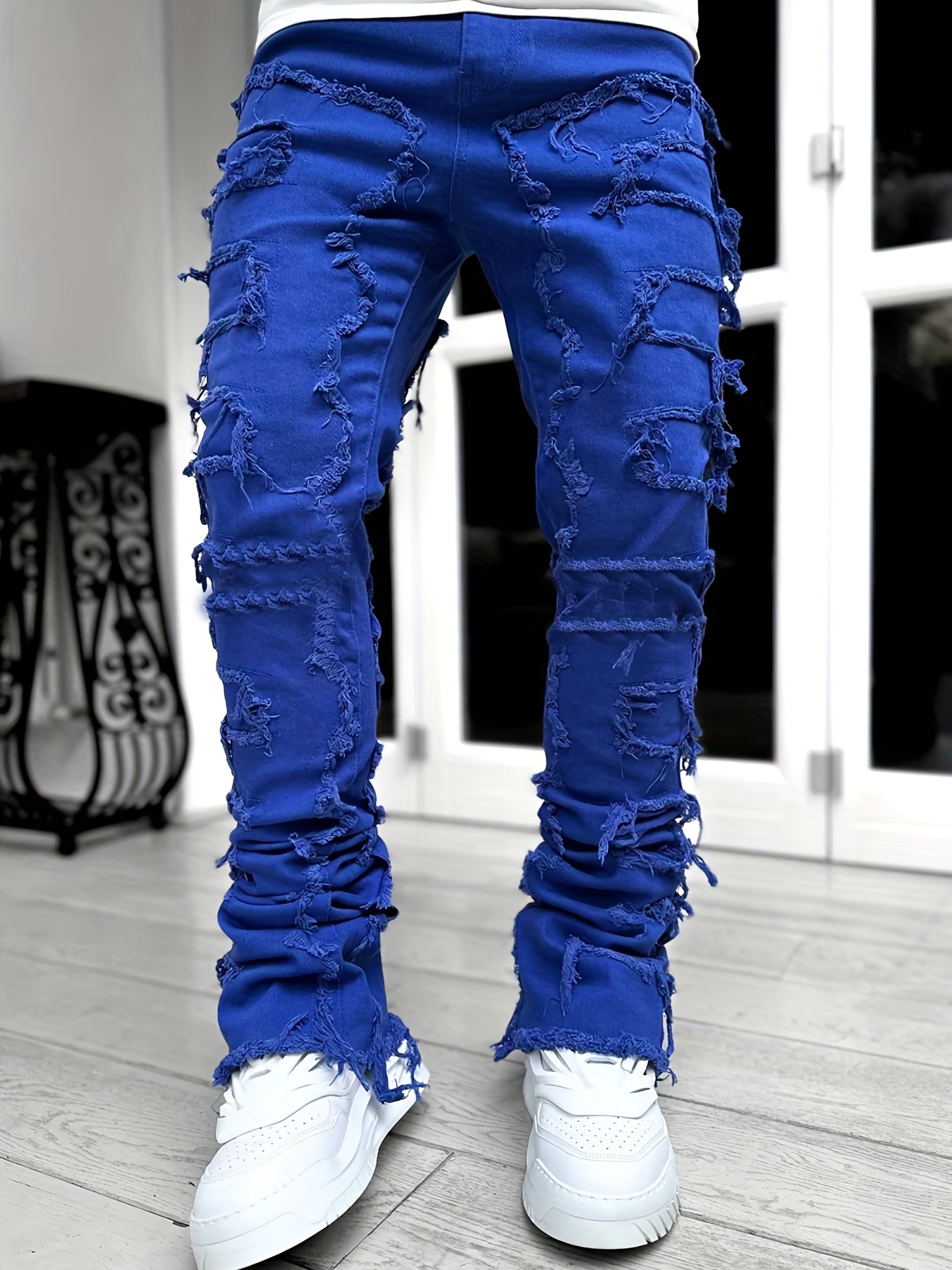 Creative Tassels Decoration Straight Fit Jeans, Men's Casual