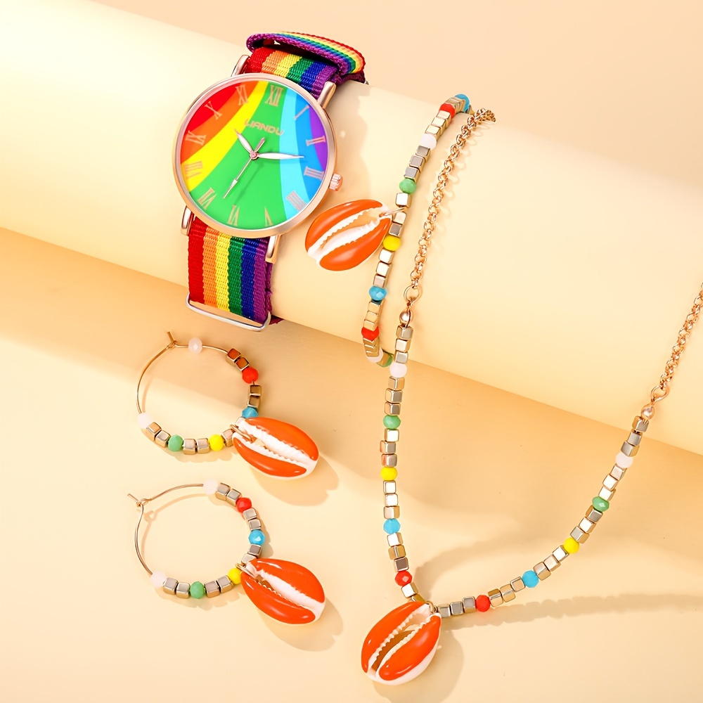 

5pcs/set Women's Watch Boho Rainbow Color Block Quartz Watch Analog Nylon Wrist Watch & Conch Jewelry Set, Gift For Her