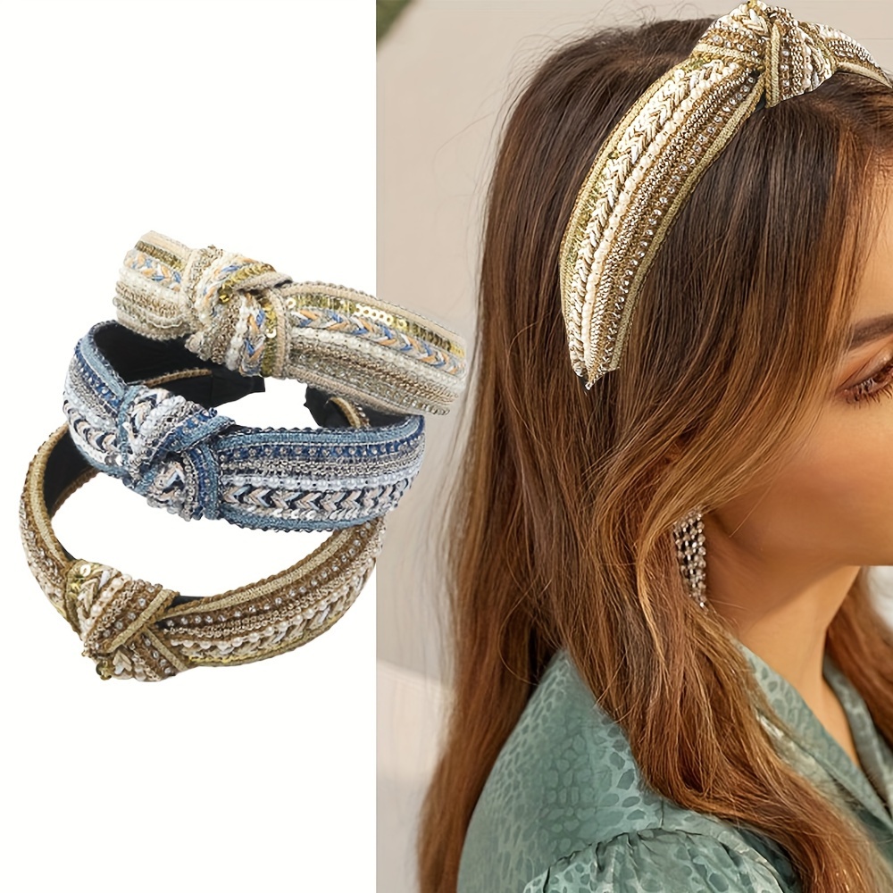 

1pc Boho Style Sparkling Rhinestone Decorative Head Band Faux Pearl Knotted Head Hoop Non Slip Head Band For Women And Girls