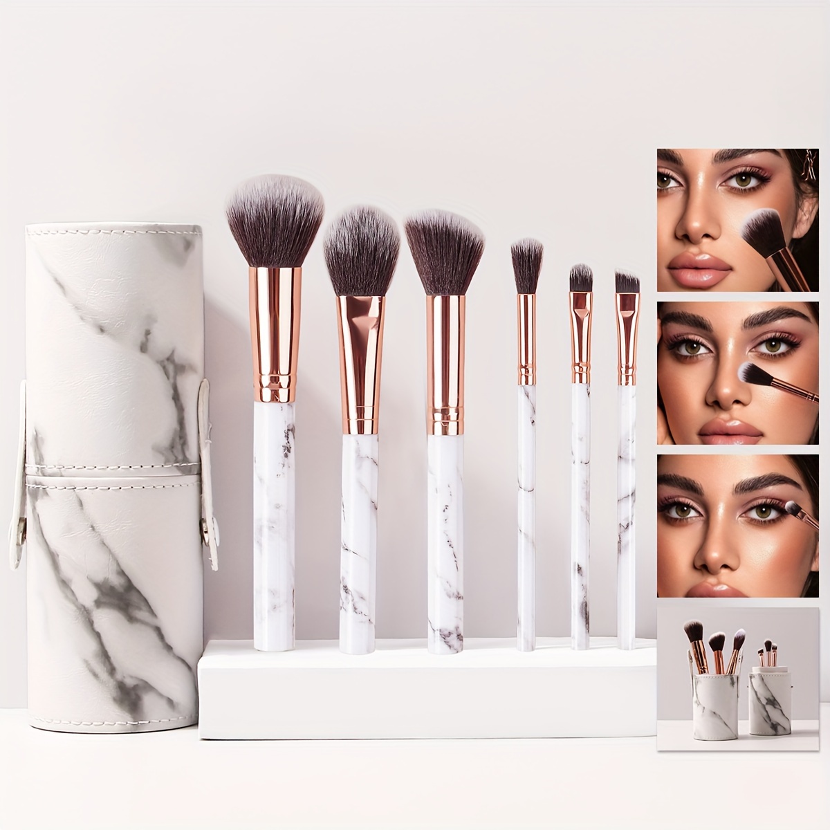 TEMU 7pcs Marble 6-brush Makeup Set With Marble Case, Including Eyeshadow Brush Set, Soft Bristle Blush Brush, Contour Brush, Highlighter Brush,