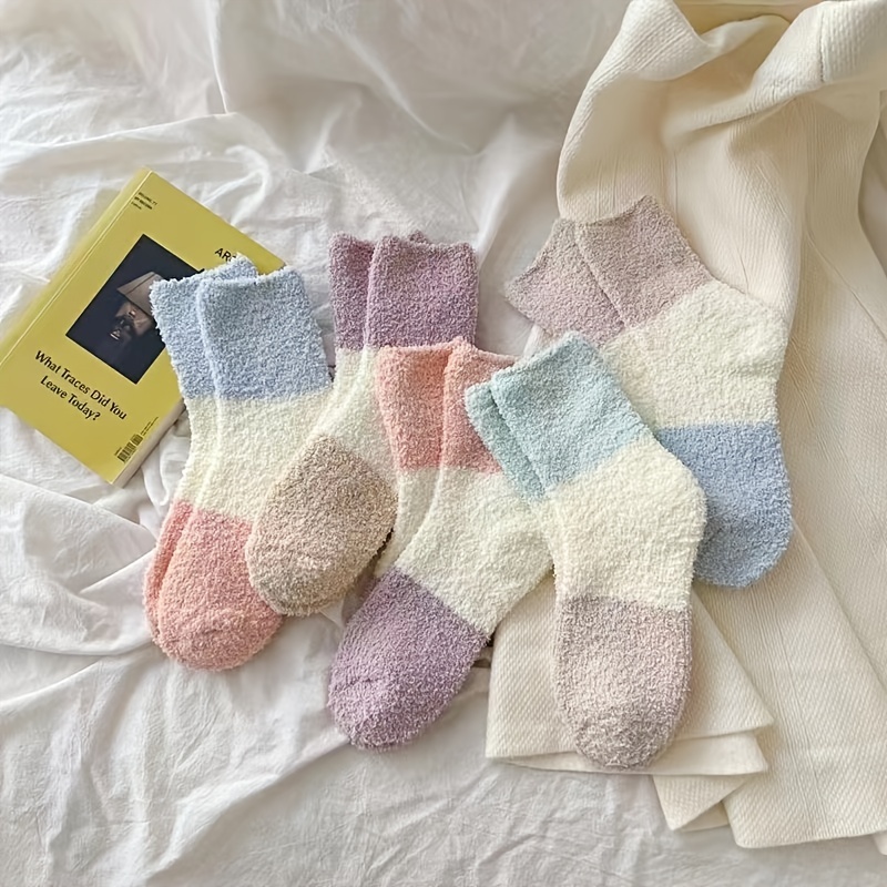 5Pairs Fuzzy Socks Thick Fluffy Slipper Socks Cozy Soft Home Warm Socks Crew Plush Sleep Sock Winter Womens Gifts Three Color,Temu