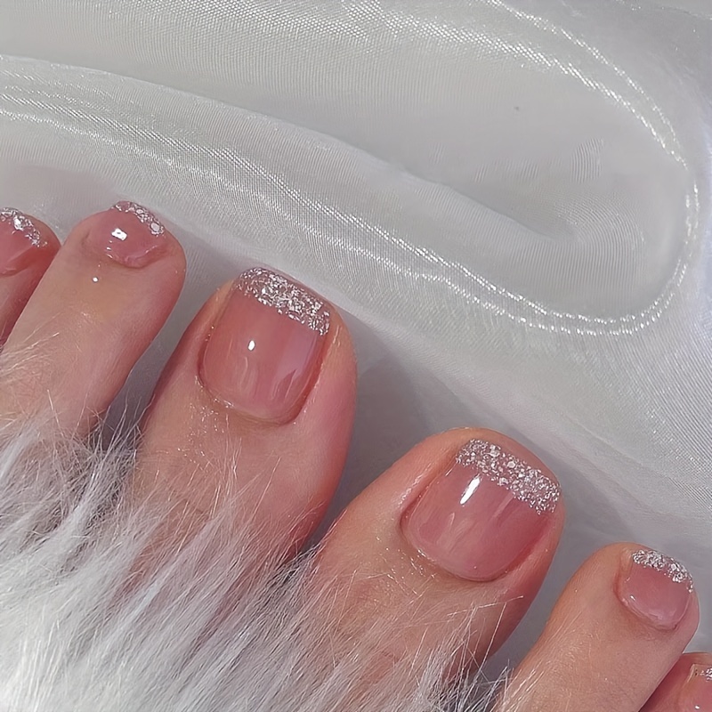 24pcs Pink Glitter Square Short Press-on Toe Nails, Glossy Finish Full Cover Artificial Colorblock Toenails Kit