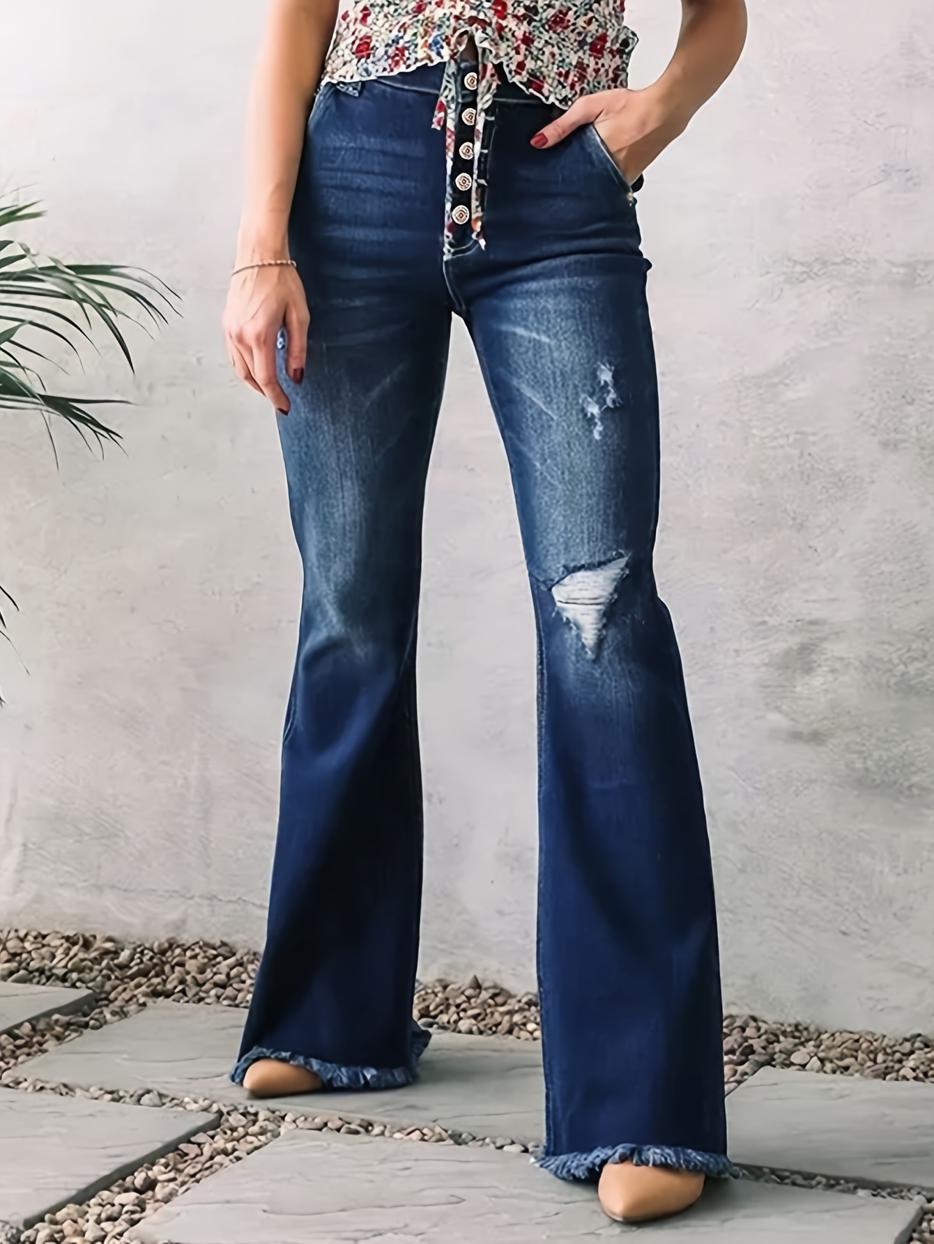 Women's Retro Style Skinny Bell Bottom Jeans Classic High Rise Button Fly Flare  Jeans Slim Solid Trousers Jeans 