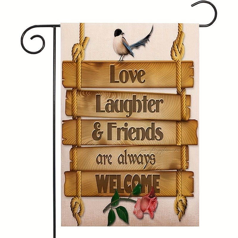 1pc 12x18 Inch Love Laughter Friends Are Always Welcome Garden Flag Double Sided Outside Decoration For Home Yard Farmhouse No Metal Brace details 1