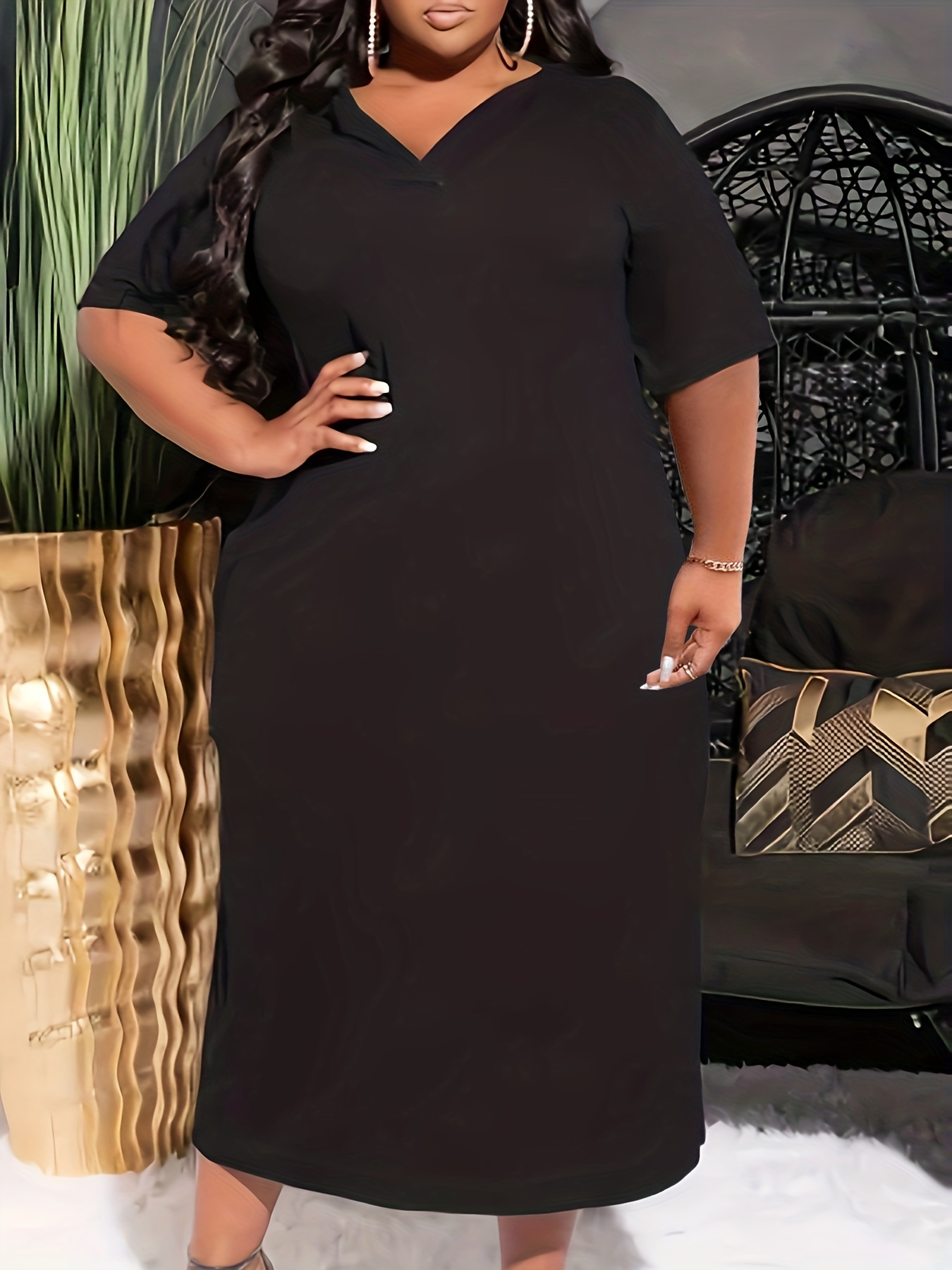 Plus Size Solid Short Sleeve Maxi Dress Women's Plus Medium - Temu